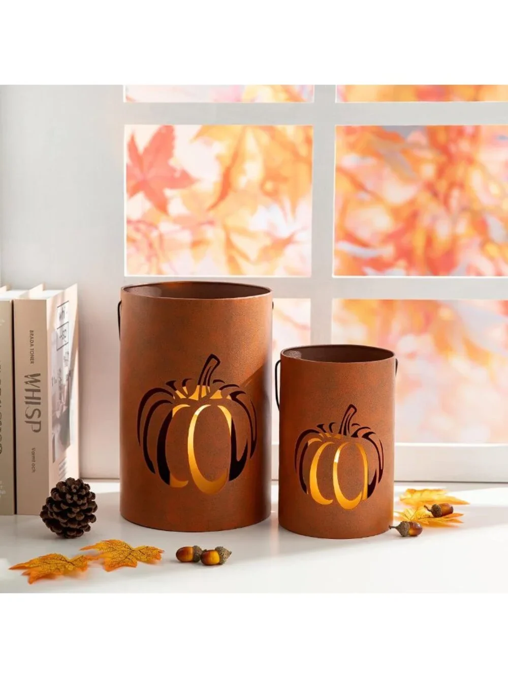 Halloween Pumpkin Lantern Candle Holders - 2 Pack Metal Decor for Porch